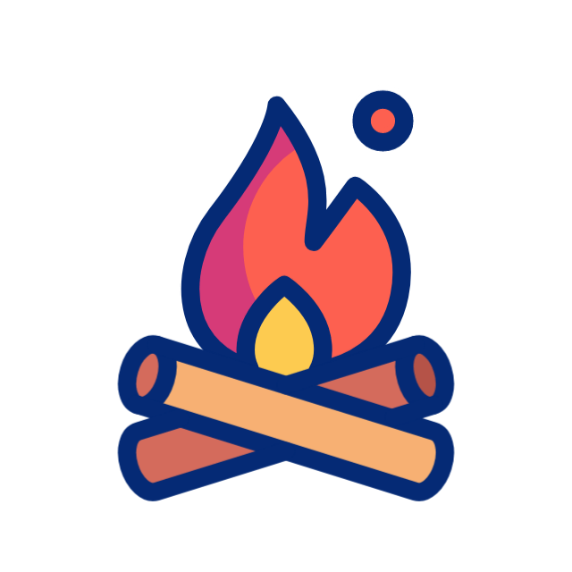 Cartoon campfire with flames above crossed logs.