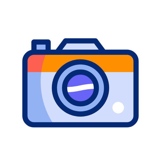 Colorful camera icon with blue, orange, and red accents and a purple lens.