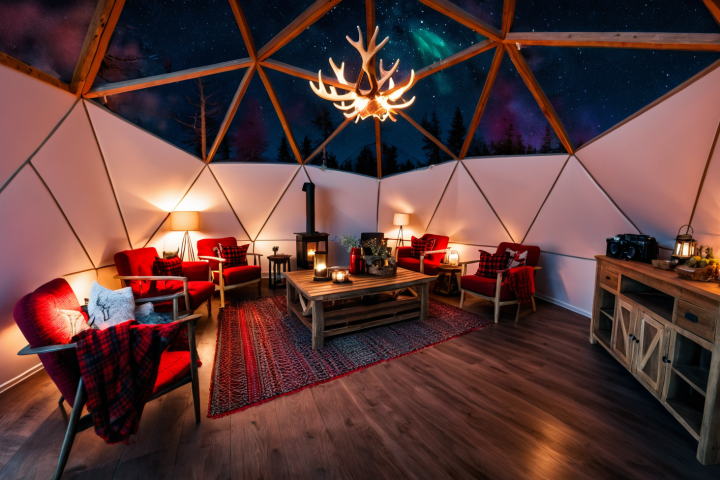 Cozy dome interior with armchairs, wooden furniture, antler chandelier, and starry night sky visible.
