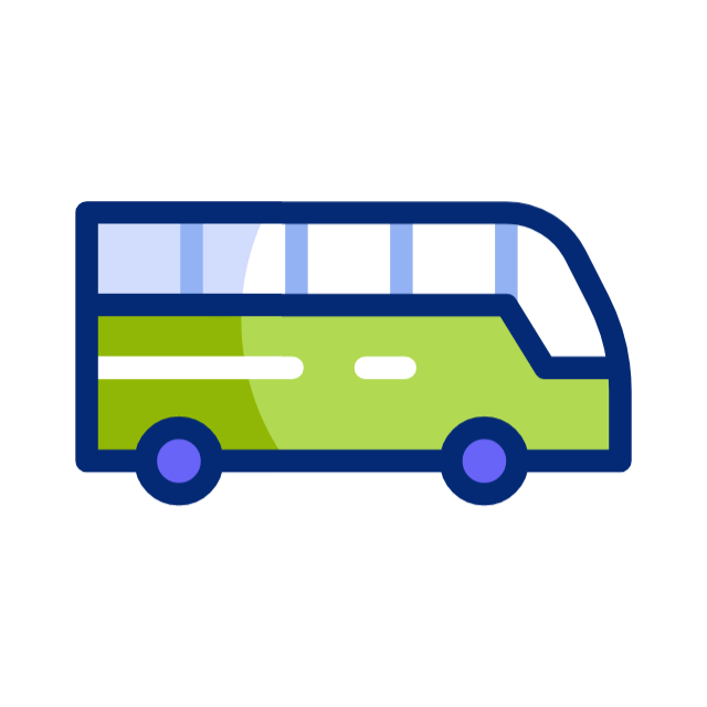 Illustration of a green bus with blue wheels and windows.